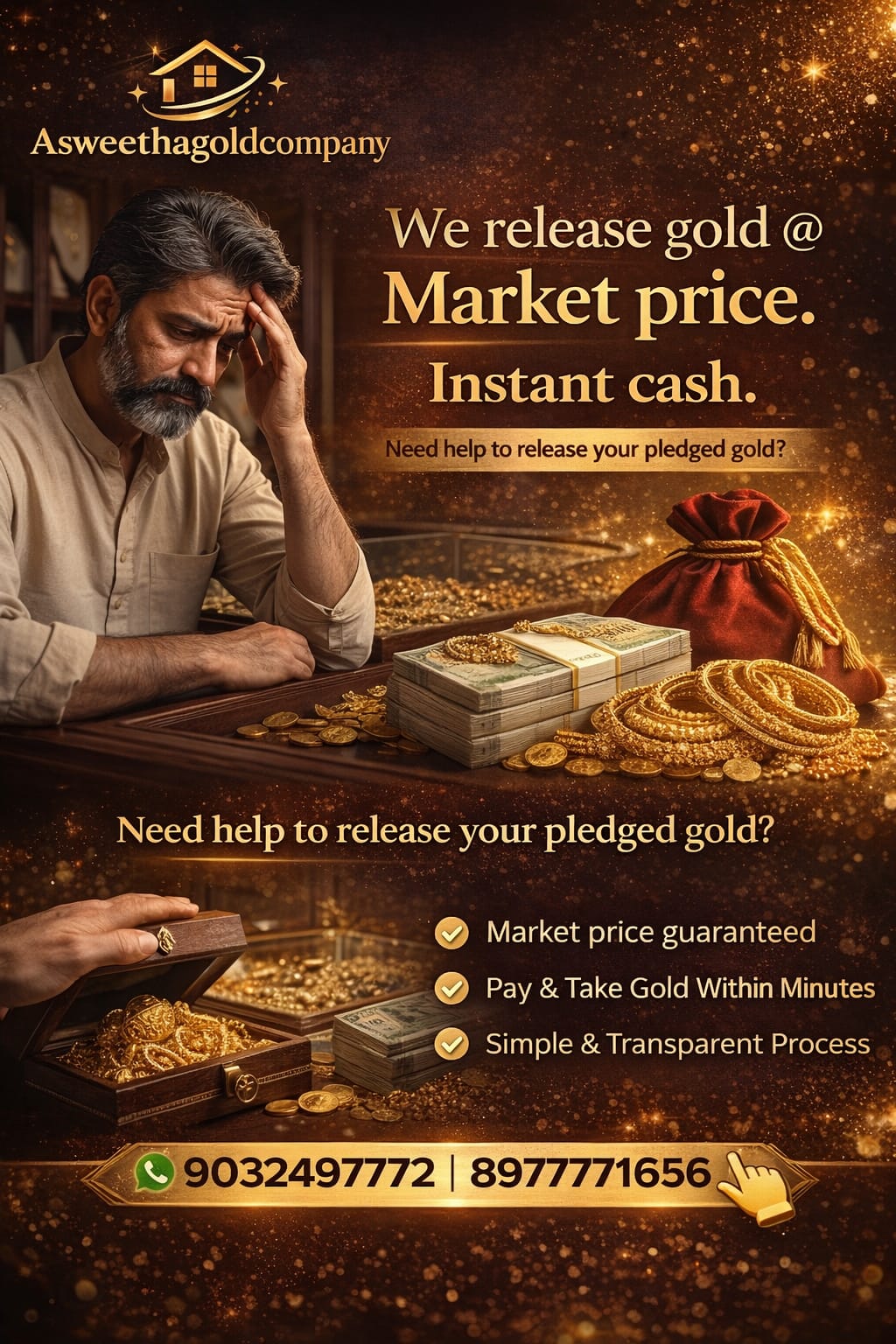 Release pledged gold at market price with instant cash